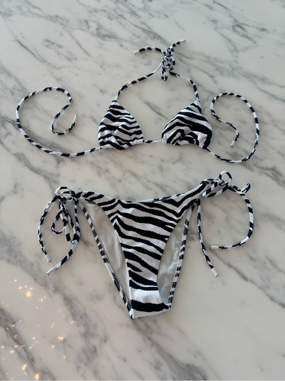 Zebra Print Tie, Triangl Bikini Set - Black & White, top is XS and bottom S